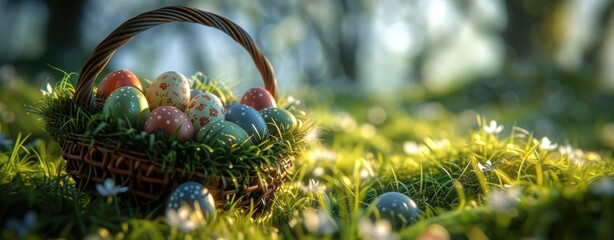 easter eggs with a basket in the grass - obrazy, fototapety, plakaty