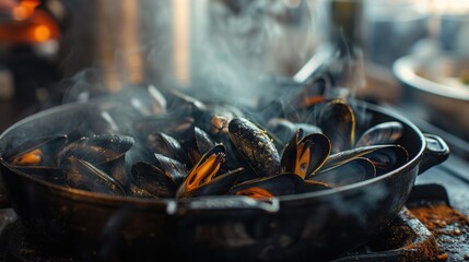 mussels on top of a stove next to broccoli. - obrazy, fototapety, plakaty