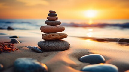 balance stack of zen stones on beach during an emotional and peaceful sunset, golden hour on the beach - obrazy, fototapety, plakaty
