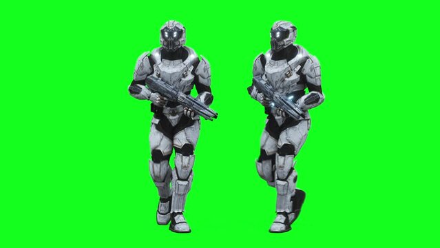 Military futuristic cyborg, robot. Realistic 4k green screen animation.