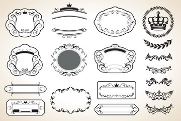 Vintage typographic design elements set. Retro ribbons, labels and badges,luxury ornate logo symbols, vector illustration.