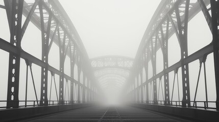 Fog shrouds a Truss bridge creating a mysterious atmosphere on the road , generated by AI