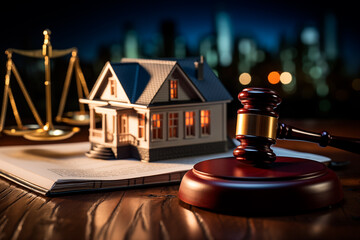 Close up to a law hammer with a house model in the background, real state law. Generative AI