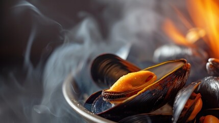 a close up of a bowl of mussels with smoke coming out top mussels.