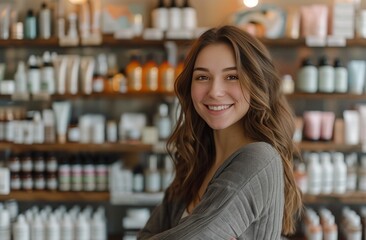 a smiling woman standing next to cosmetics in a small pharmacy