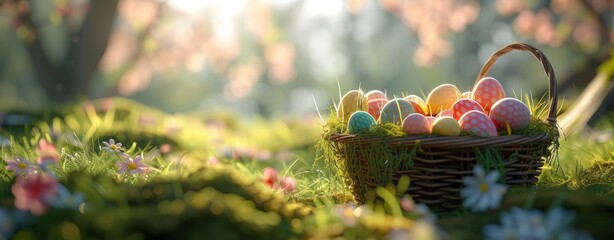 easter egg basket colorful with eggs and grass, sunrays shine upon it, - obrazy, fototapety, plakaty