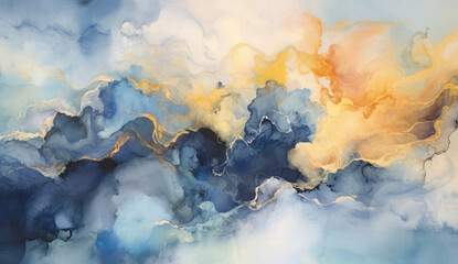 Fototapeta na wymiar Painting of Blue, Yellow and White Clouds