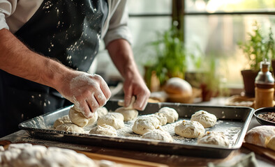 person preparing bread or buns in bakery closeup, chef making baked pastry at kitchen