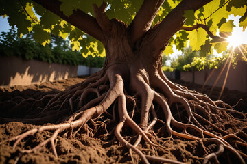 Brown grapevine tree roots underground. Horticulture concept