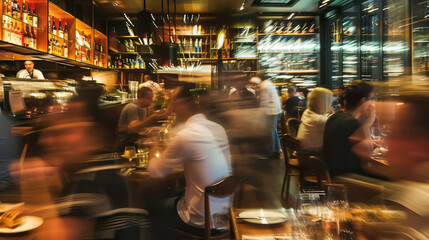 crowded restaurant with people dining and waiters, bartender and chefs working, blurred motion, cafe with crowd