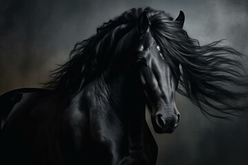 Majestic Black horse portrait. Animal studio beauty. Generate Ai