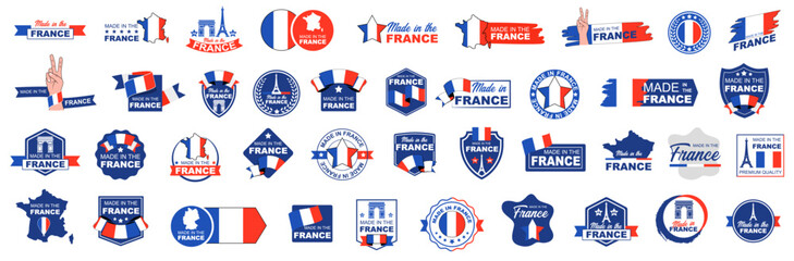 Made in France with flag set icon - obrazy, fototapety, plakaty