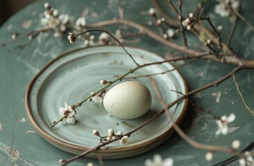 easter egg sitting on a platter with a branch