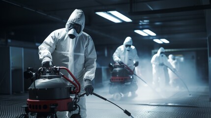 Specialists wearing white protective suits spray and disinfect the surfaces of public places with special means and equipment. Sanitation, prevention and control of viral epidemics and insect pests. - obrazy, fototapety, plakaty