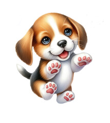 Running Beagle puppy isolated on a white background. Cheerful brown dog. Watercolor. Illustration.
