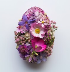 a purple and pink egg with flowers arranged around it