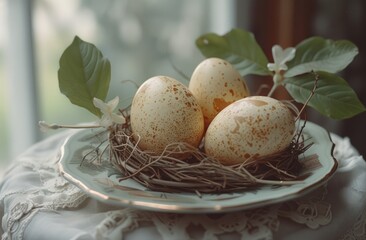 Obraz na płótnie Canvas easter eggs with leaves on a plate,