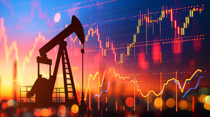 Fototapeta na wymiar Oil price graph and oil rig pump jack background
