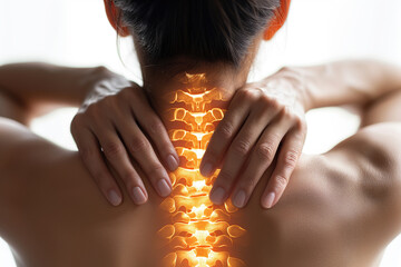 Hernia of the cervical spine, neck pain, woman suffering from backache, spondylosis of the intervertebral disc, health problems concept - 737166904
