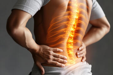 Lumbar intervertebral spine hernia, man with back pain at home, spinal disc disease, health problems concept - 737166965