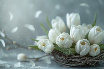 Obraz na płótnie Canvas eastern eggs with dozens of white tulips in a nest on gray concrete