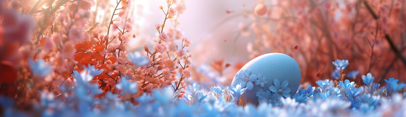 Mystical Spring Awakening: A Easter Egg Nestled Among Vibrant Blooming Flowers in a Serene Landscape