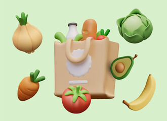 Shopping bag, vegetables, fruits, milk, bread. Color illustration in cartoon style