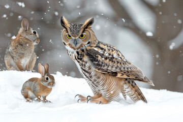 Other Animals Interacting with an Owl in the Snow. The Owl Interacting with Animals like Rabbits in the Snowy Landscape.