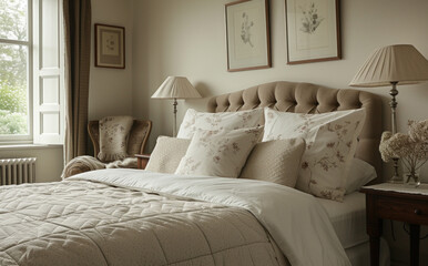 a bed, lamp and chair in the morning,