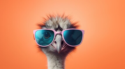 Creative animal concept. Ostrich bird in sunglass shade glasses isolated on solid pastel...