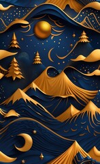 3d modern art mural wallpaper with dark blue and golden wave background. golden christmas tree and mountains, golden moon. golden deer and birds. gold on a dark blue backdrop background, Generative AI