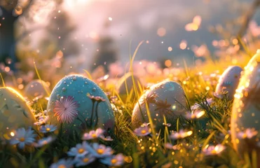 Foto op Canvas colorful easter eggs on the grass and flowers © olegganko