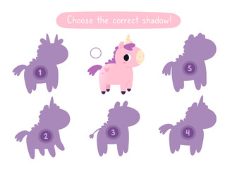 Mini game with cute pink unicorn for baby girls. Find the correct shadow of cartoon unicorn. Brainteaser for kids.