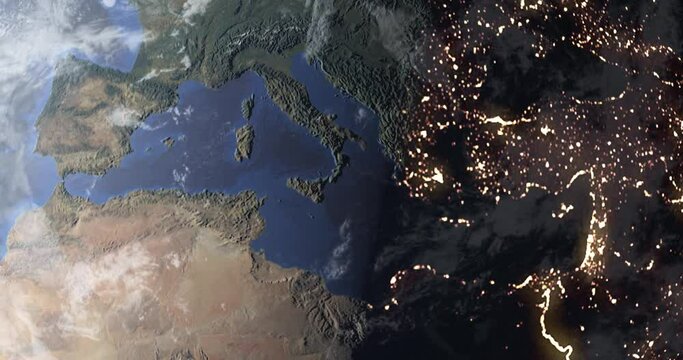 View from space of the Mediterranean Sea during the cycle of day and night. Lights of Mediterranean Basin cities glow at night, satellite view. Realistic 3D animation 4K. Contains NASA images.