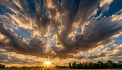 Tuinposter sun rays through the clouds, sunset, golden hour, blue sky with clouds, clouds in the sky, panoramic view of clouds, cloud background © Gegham