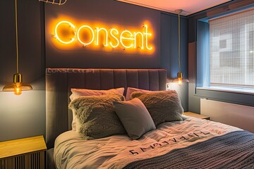 stylish bedroom close up with neon sign consent above the bed