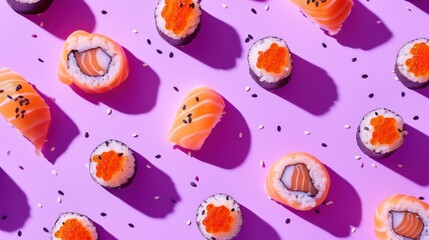 a group of sushi sitting a purple table next to other sushi each other.