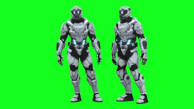 Military futuristic cyborg, robot. Realistic 4k green screen animation.