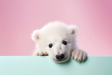 White polar bear portrait with copy space. Horizontal banner for International polar bear day or World wildlife day.