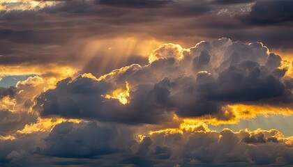 Naklejka na ściany i meble sun rays through the clouds, sunset, golden hour, blue sky with clouds, clouds in the sky, panoramic view of clouds, cloud background