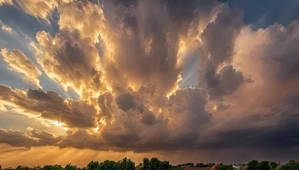 Papier Peint photo Cappuccino sun rays through the clouds, sunset, golden hour, blue sky with clouds, clouds in the sky, panoramic view of clouds, cloud background