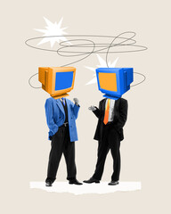 Two businessmen with retro computers on head communicating. Worldwide cooperation and partnership. Concept of business, Internet access, employment, telecommunication