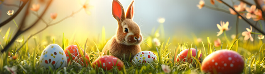 Easter Morning: A Serene Bunny Amidst Colorful Eggs and Vibrant Blooming Flowers Bathed in Golden...