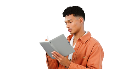 Man, writing and planning in notebook with ideas and creativity in transparent, isolated or png background. College student, reading and problem solving notes in journal with knowledge for education