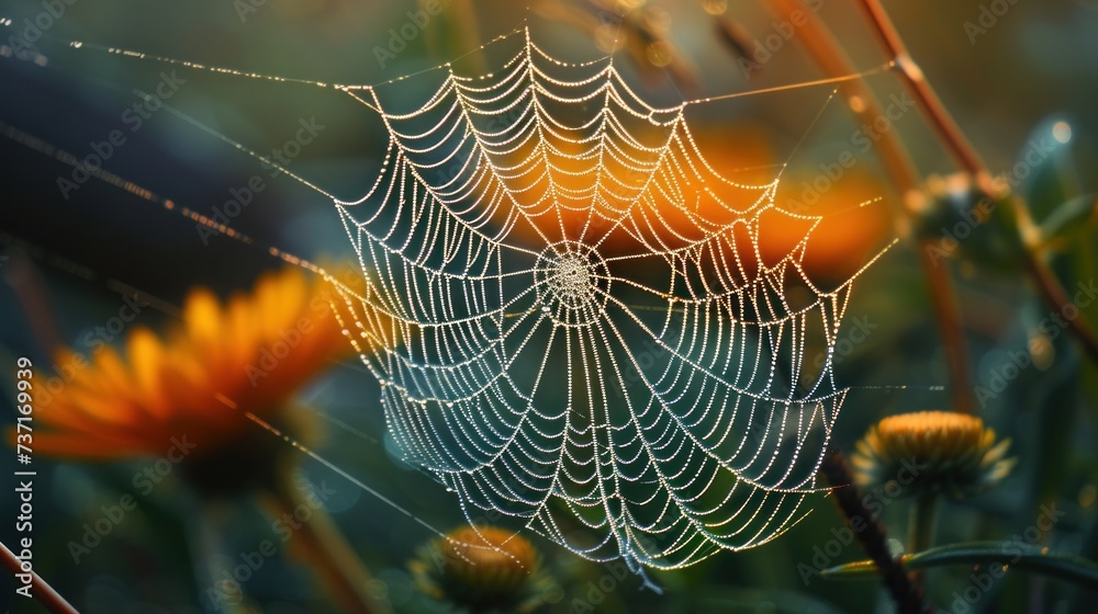Wall mural a close up of a spider web in a field of grass with sunflowers in the background and water droplets 