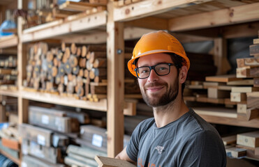 a man in hard hat holding wood in his hands in a workspace