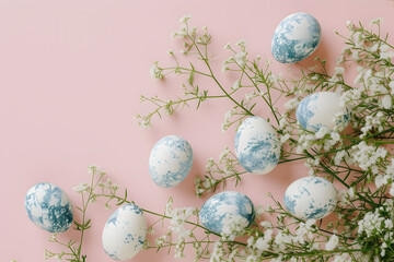 Fototapeta na wymiar Easter Celebration: Colorful Easter Eggs Amidst Blossoming Flowers on a Soft Pink Textured Background