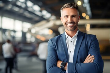 A well-dressed man in a blue suit with a white shirt stands in a blurred indoor setting