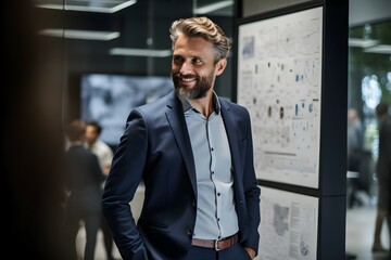 Naklejka premium A casually confident man in a dark suit smiles in an office, with hands in pockets and a strategic display board behind him