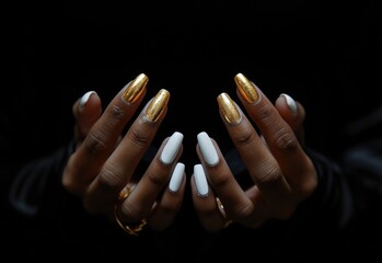 a woman's black and gold manicured hands with white nails on a black background